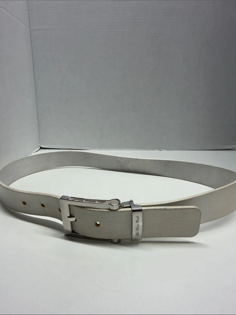 The White Ball Belt Men's Luxury Golf Italian Leather Adjustable White Silver 32